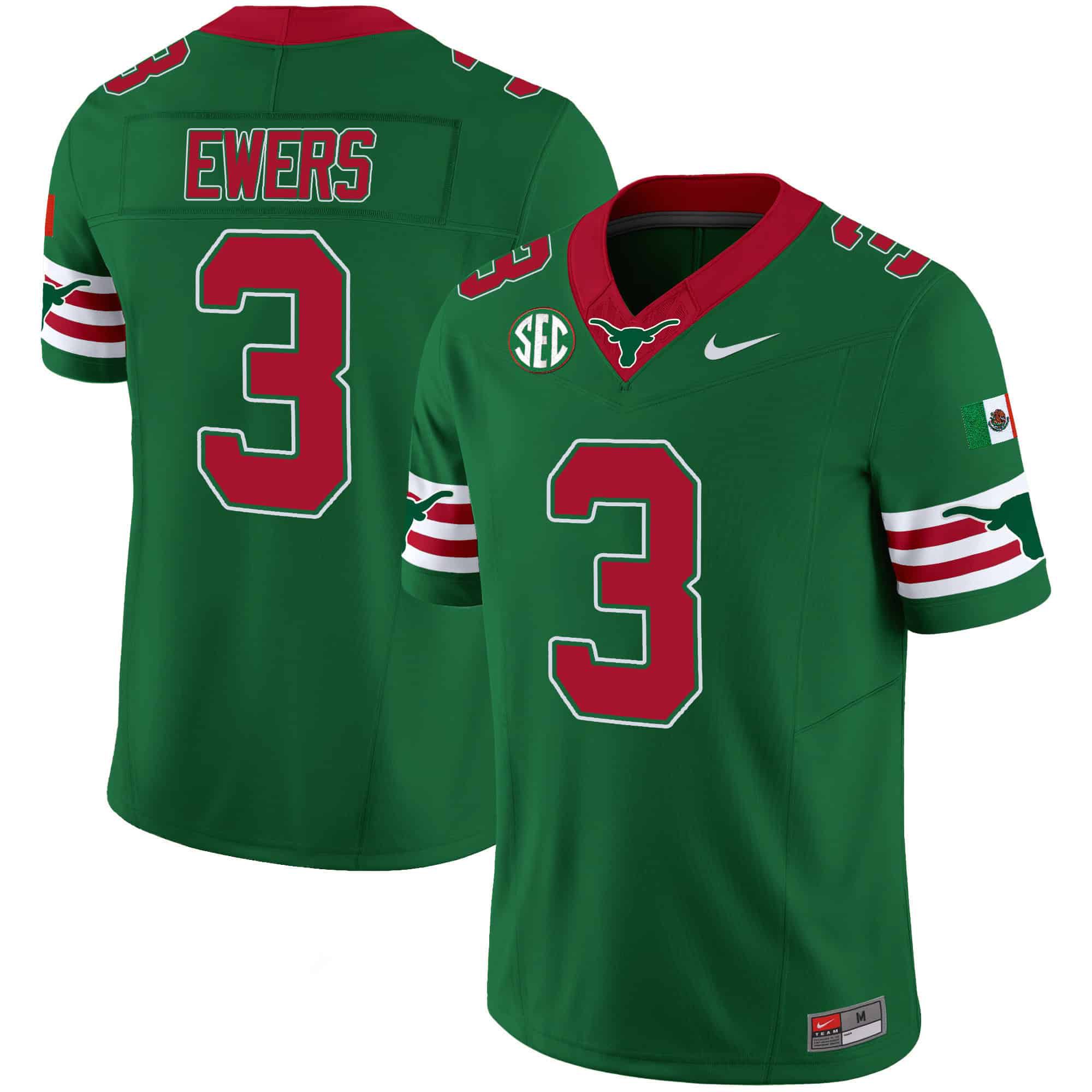 Men Texas Longhorns #3 Ewers Green 2024 Nike Mexico SEC Patch Vapor NCAA Jersey